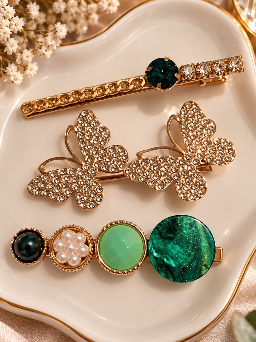 Gold Metal Butterfly & Green Pearl Rhinestone Hair Clip Set New